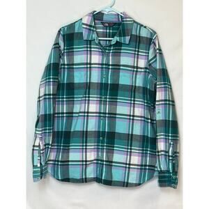 North Face Women XL Pink/Green Plaid Long Sleeve Button Down Light Flannel Shirt